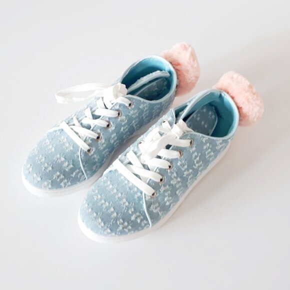 NWT / NIB Qupid blue denim-like bunny ear lace up faux fur pom pom sneakers - Picture 8 of 14